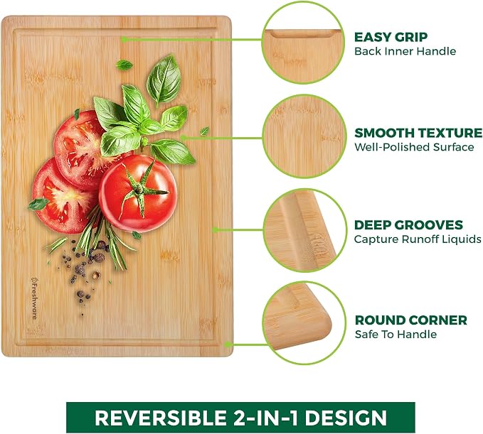 Bamboo Cutting Boards for Kitchen with Juice Groove [Extra-Large] Wood Cutting Board for Chopping Meat, Vegetables, Fruits, Cheese, Knife Friendly Serving Tray with Handles, 18 x 12.5 Inch