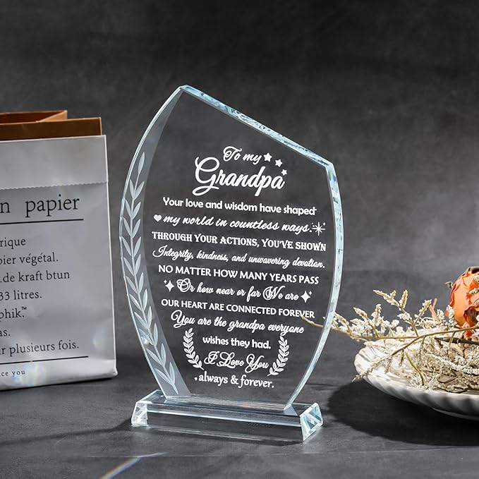 QIANWEI Glass Plaque Birthday Gifts for Grandpa from Grandkids, Best Grandpa Ever Gifts from Granddaughter, To My Grandfather Gifts for Christmas Thanksgiving Fathers Day Retirement