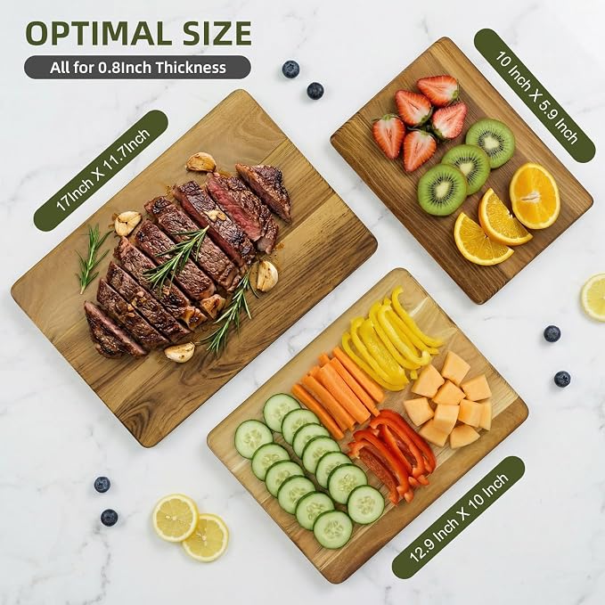 Teak Wood Cutting Boards for Kitchen (Set of 3), No Juice Groove Chopping Board Charcuterie Cheese Board with Storage Stand