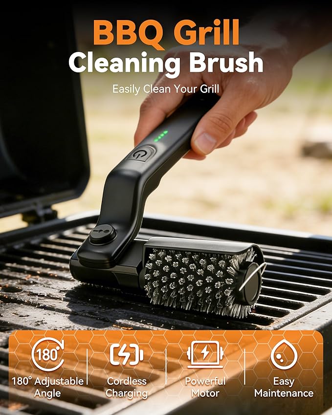 Electric Grill Brush, 3-Speed Cordless BBQ Cleaner, 20kg Max Torque, Adjustable Rotary Head, Reinforced Steel Bristles for Stubborn Grease, for Gas Charcoal Smoker Grates (2 Replacement Head)