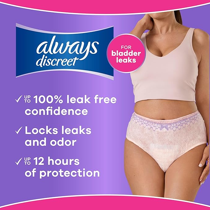 Always Discreet Reimagined Adult Diapers for Women, Maximum Absorbency Incontinence and Postpartum Underwear Size L, Up to 100% Leak Free Bladder Leak Protection, 11 Count