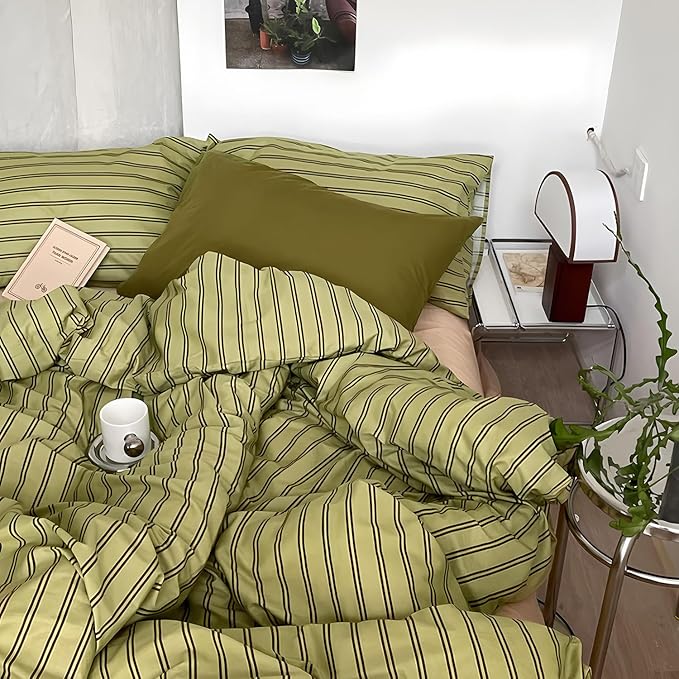 mixinni Vintage Stripes Duvet Cover Set Twin - 3-Piece Mid-Century Cotton Olive & Taupe Striped Bedding, Soft Breathable All-Season Comforter Cover with Zipper Closure & Corner Ties-Twin Size