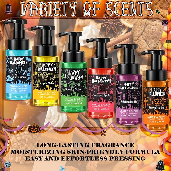 6 Pack Halloween Foaming Hand Soap with Pump Care Moisturizing Liquid Gentle Scented Hand Wash Gifts Spooky Happy Halloween Celebration Party Favors Decorations