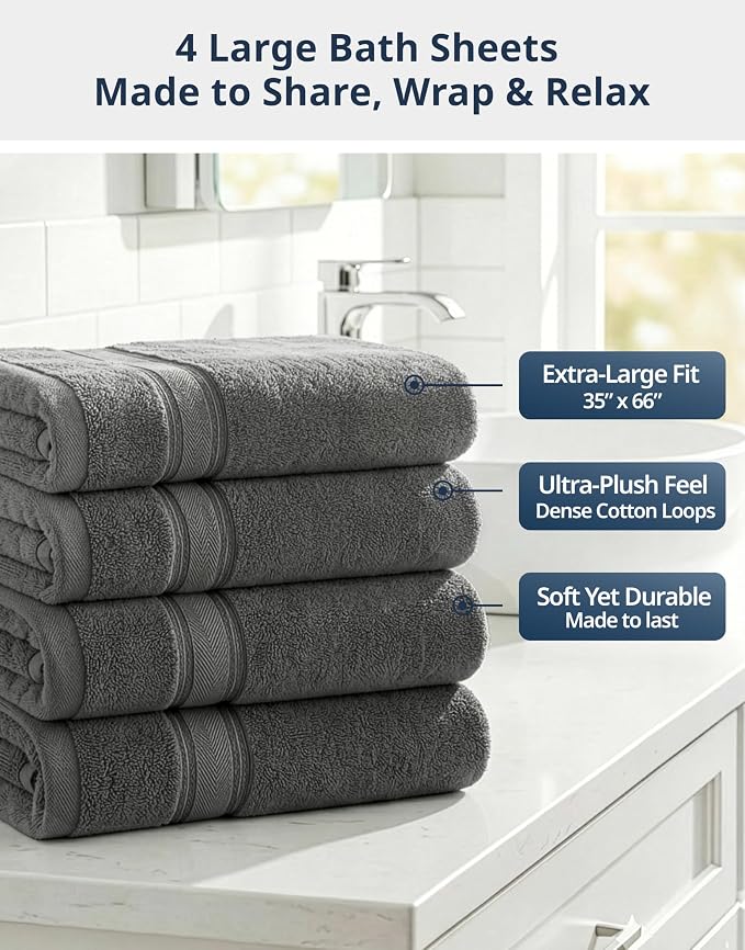 LANE LINEN Large Bath Towels - Zero Twist Cotton Construction - Set of 4 (35" x 66") Oversized Bath Towel Sets - Fade Resistant, Quick Dry & Fluffy - Instantly upgrade your bathroom decor - Space Grey