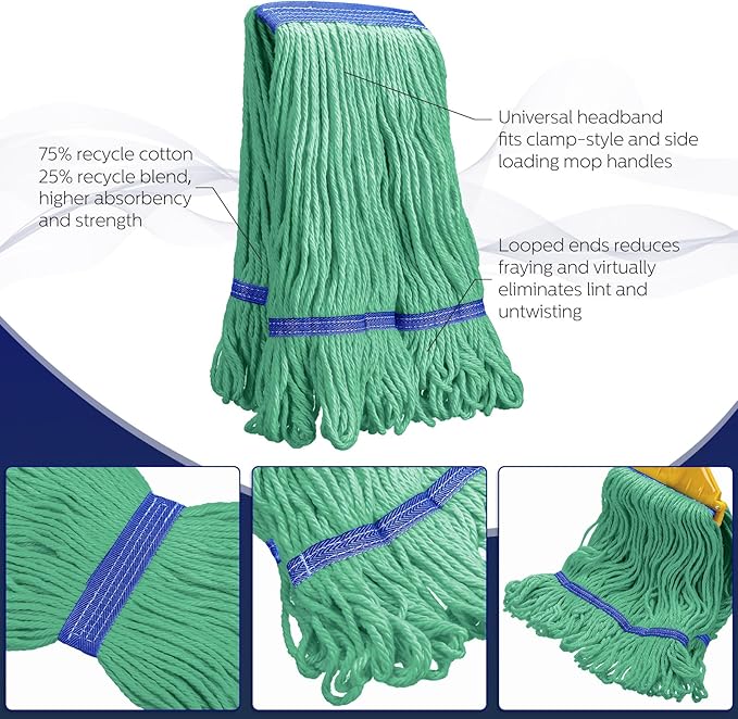 Eccliy 24 Pack Commercial Mop Heads Replacement Heavy Duty 18 oz Loop End Cotton String Wet Mop Refills Washable Absorbent Reusable for Industrial Home Tile Wood Concrete Floor (Green,Blue)