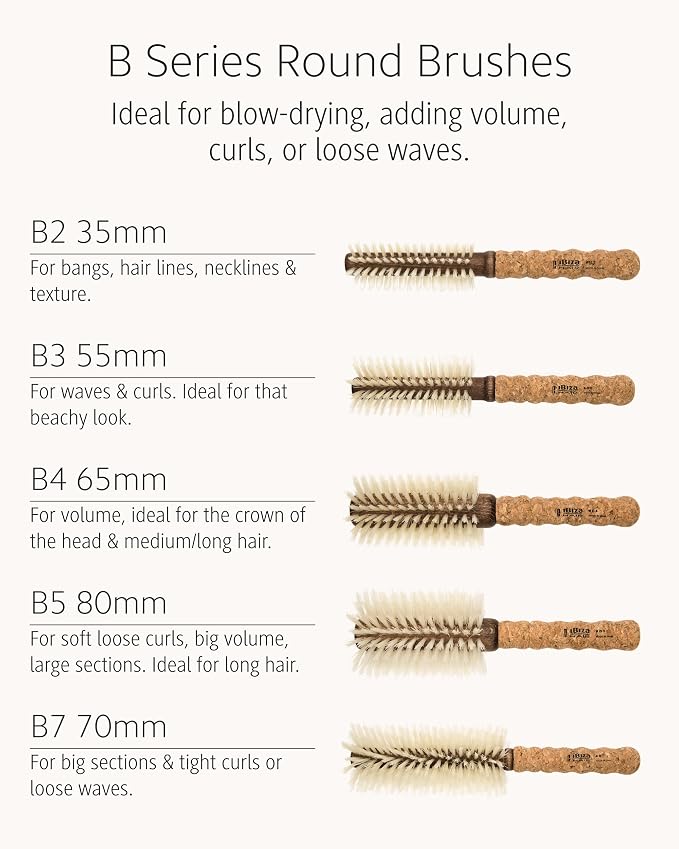 Ibiza Hair Boar Bristle Round Brush (B2-35mm) | Blonde Bristles & Cork Handle | Ideal for Color Treated Tresses | Big Waves or Tight Curls | Adds Shine & Texture for Long Styles & Large Sections