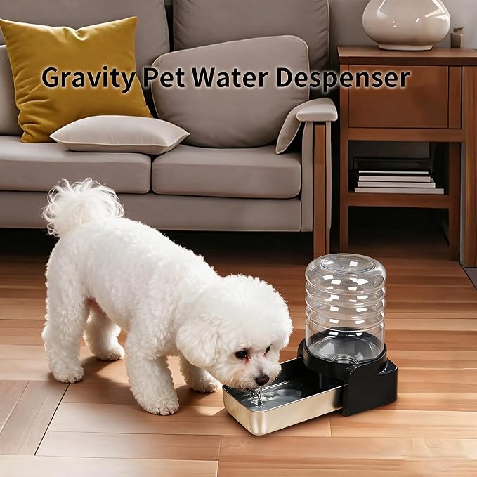 PAKEWAY 1.1 Gallon Gravity Water Dispenser for Cats and Small Dogs, Automatic Pet Waterer with Stainless Steel Bowl, Transparent Tank and 3 Filters, 4.1L