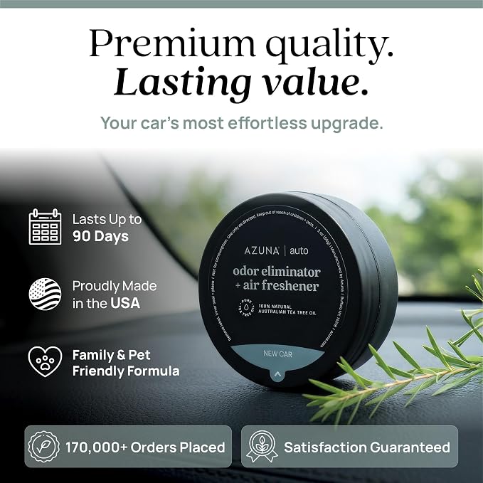 Azuna Car Air Freshener & Auto Odor Eliminator Pods Trio | New Car Scent | Plant Powered by 100% Australian Tea Tree Oil | Long Lasting and No harsh chemicals | Made in USA | 3 Pack of 2oz Pods