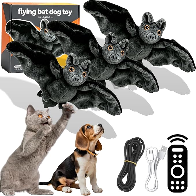 Flying Bat Dog Toy, Motion Activated Flapping Bat Cat Toy with Realistic Wings and Chirping Sounds, Rechargeable Remote Control Halloween Toy for Indoor Cats, Kittens and Small Dogs，3PCS
