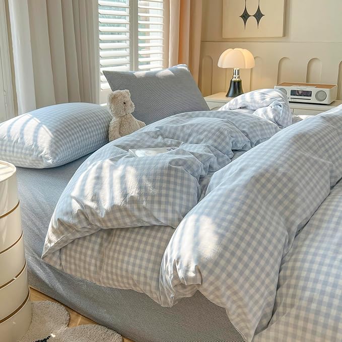 mixinni Light Blue Gingham Duvet Cover Set Twin XL Size - 100% Washed Cotton 3 Piece Plaid Checkered Bedding Set, Soft Comfy Grid Farmhouse Comforter Cover with Zipper Closure & Corner Ties