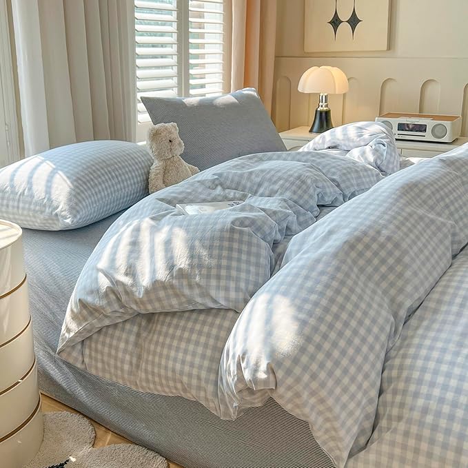 mixinni Light Blue Gingham Duvet Cover Set Queen Size - 100% Washed Cotton 3 Piece Plaid Checkered Bedding Set, Soft Comfy Grid Farmhouse Comforter Cover with Zipper Closure & Corner Ties