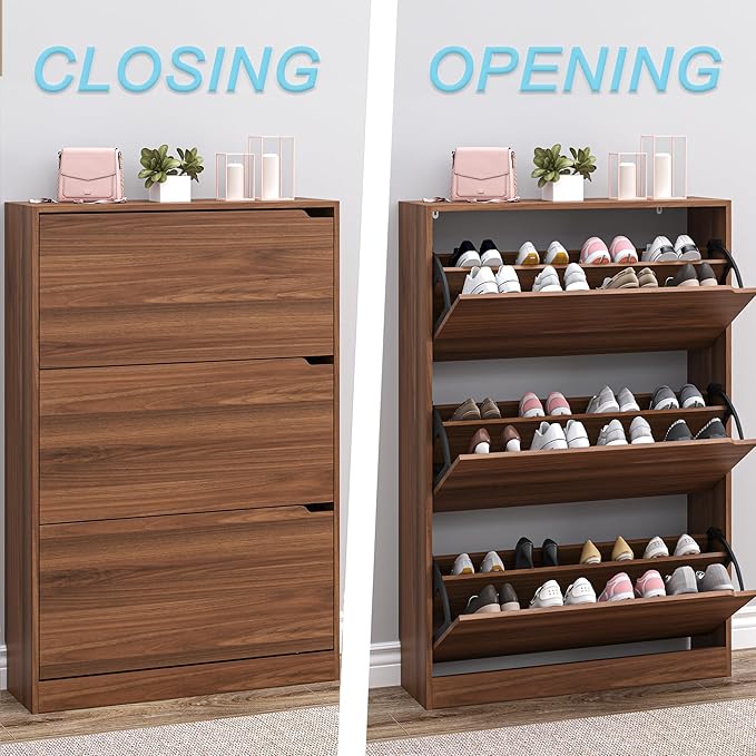 BORNOON Shoe Cabinet with 3 Flip Drawers, Slim Narrow Shoe Storage Cabinet, Freestanding Shoe Organizer with Adjustable & Removable Shelves, Top Display Shelf for Entryway, Hallway, Foyer, Closet