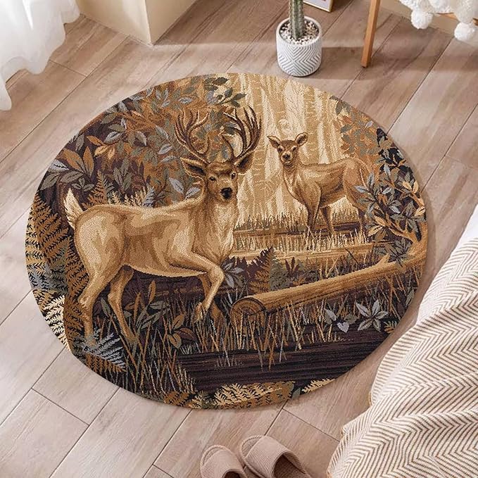 Jungle Forest Animal Area Rugs 2ft for Hallway Non-Slip Lodge Native Cabin Rustic Round Rug Couch Decor Low Pile Brown Moose Deerlet Floor Carpet