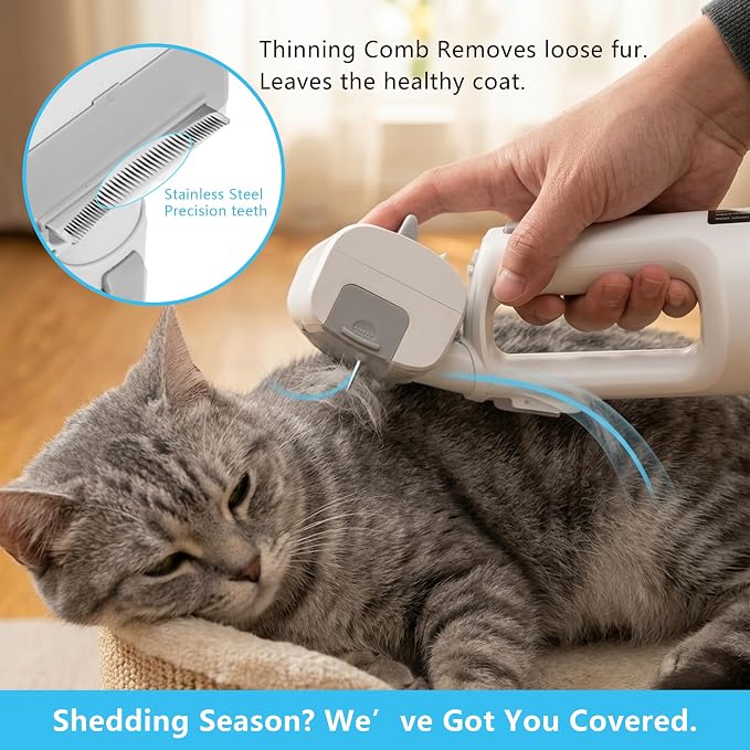 Deshedding Brush with Vacuum Suction, 5-in-1 Pet Hair Removal Tool for Dogs Cats, Cordless Undercoat Rake Removes Loose Hair, 9Kpa Pet Vacuum Cleaner for Furniture Carpet
