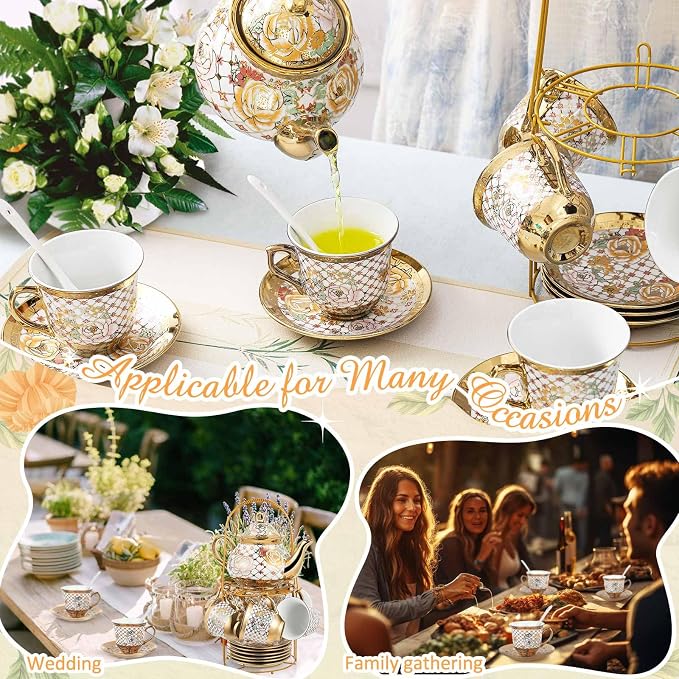 Zhehao 20 Pcs Porcelain Tea Set with Metal Holder and Spoon Adult Ceramic Tea Set European Flower Painting Teapot Cup Saucer Spoon for Women Mom Gift, Large Version (Delicate Style)