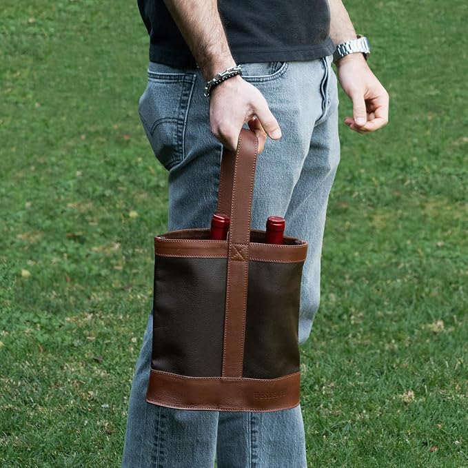 Double Wine Carrier Bag – Leather Wine Tote for Two Bottles with Handle – Protective Carrier for Picnic, Wine Champagne Gift Bag (Chocolate)