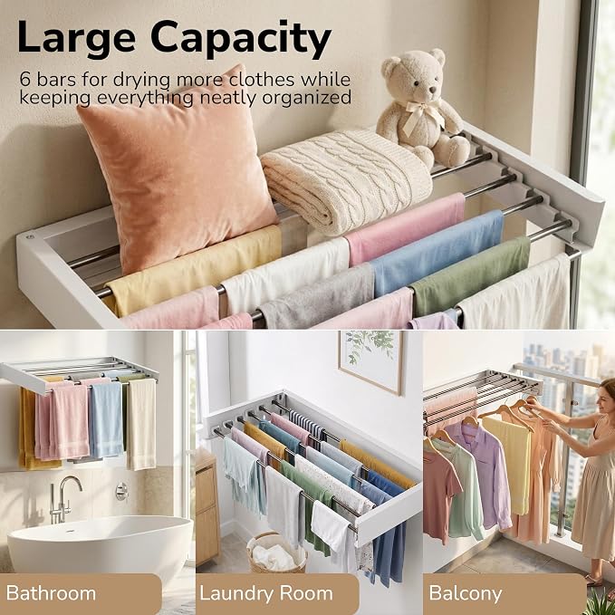 Wall Mounted Clothes Drying Rack Collapsible, Pure Stainless Steel Folding Laundry Drying Rack for Indoor Outdoor Use, Heavy Duty Wall Mounted Clothes Rack White