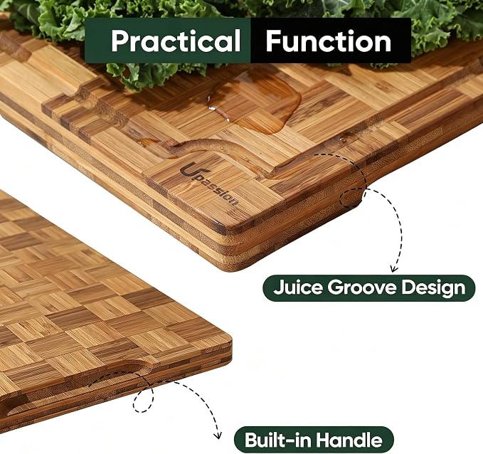 Extra Large Bamboo Cutting Boards, 2-Pack Heavy Duty Bamboo Cutting Boards Set with Juice Grooves & Non-Slip Feet –Checkered Extra Large Thick Wood Chopping Board for Meat, Fruits, Non-Toxic & Durable