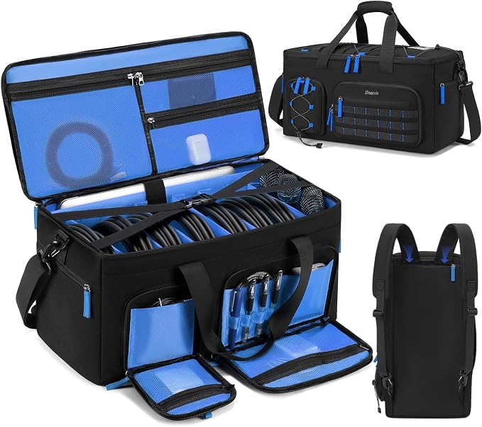 Large Dj Cable Bag with Laptop and Microphone Pocket, Dj Bag for Equipment with 8 Detachable Dividers and Padded Bottom, Dj Gig Bags for Music Gear Accessories, Blue
