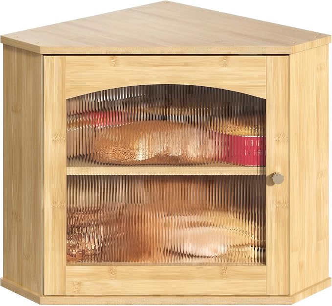 LAMU Corner Bread Box for Kitchen Countertop, Bamboo Wood Bread Storage | 2-Tier Storage Bin with Magnetic Acrylic Door, Large Capacity Organizer for Homemade Bread, Coffee, Fruit & Spices, Bamboo