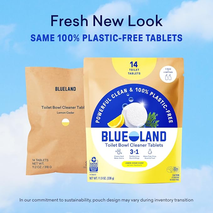 BLUELAND Toilet Bowl Cleaner Tablets, 14 Count (Pack of 1), Lemon Cedar, Plastic-Free, No Harsh Chemicals, Plant-Based, Septic-Safe, Removes Lime, Rust, Hard Water and Toilet Ring Stains