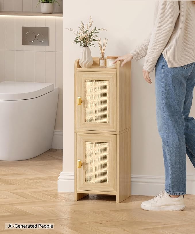 Akxomel Rattan Small Bathroom Cabinet Narrow Toilet Paper Organizer Oak | 7.9''D x 9.8''W Bathroom Organizer and Storage Cabinet for Small Space, Slim Corner Unit with Adjustable Shelf