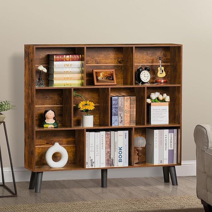 LEYAOYAO 10 Cube Bookshelf, Mid-Century Modern Book Shelf with Legs, Brown | 3 Tier Bookcase, Rustic Wood Bookshelves Freestanding Large Storage Organizer, Open Shelves for Bedroom, Living Room, Office