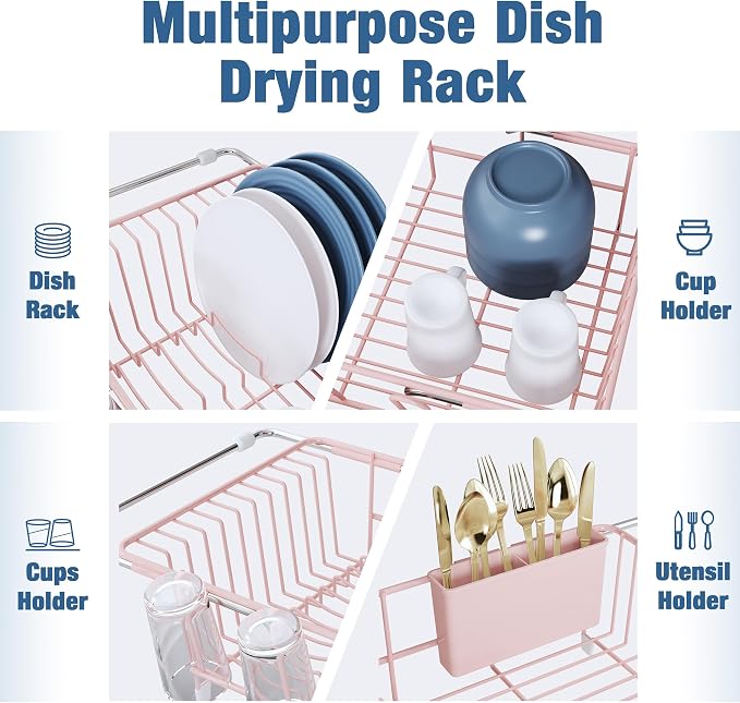 JASIWAY Pink Dish Drying Rack in Sink, Dish Drainer with Utensil Holder | Over The Sink Expandable Stainless Steel Strainer Dryer Rack for Small Kitchen, Counter Space Saving, Fast Drain, Rustproof
