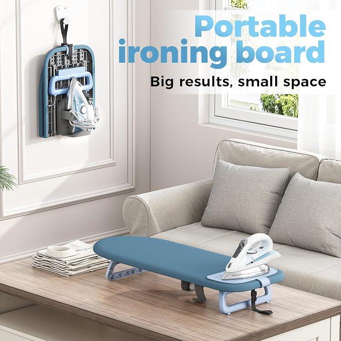 KINGBOARD Tabletop Ironing Board, Small Iron Board with Iron Holder, Foldable Mini Ironing Board, Easy Storage for Travel & Dorm, 12x32 Blue