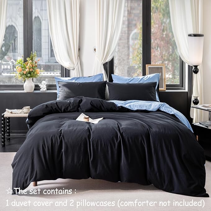 Reversible Duvet Cover Set 100% Washed Cotton Blue Stripe Linen Feel Duvet Cover Queen Size with Zipper Closure & 2 Pillow Shams, Blue/Black Stripe Reverse Solid Black