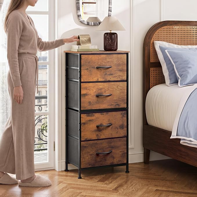 WLIVE Small Dresser Nightstand for Bedroom, 4 Drawers, Rustic Brown | 4 vertical fabric drawers, Space-saving tower, Bedroom or closet use, Chest of drawers, Dresser for small spaces