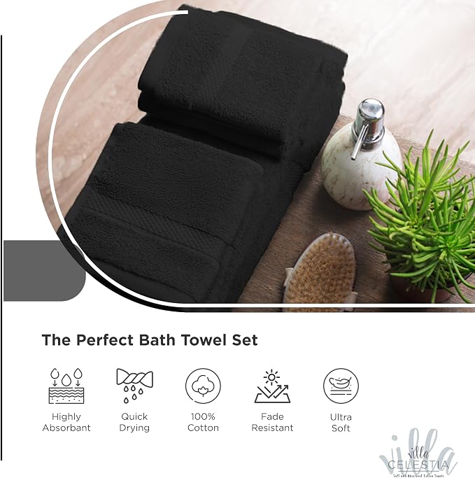 Villa Celestia 24-Piece 100% Cotton Towel Set, 6 Bath Towels, 6 Hand Towels, 12 Wash Cloth, Quick-Dry, Black