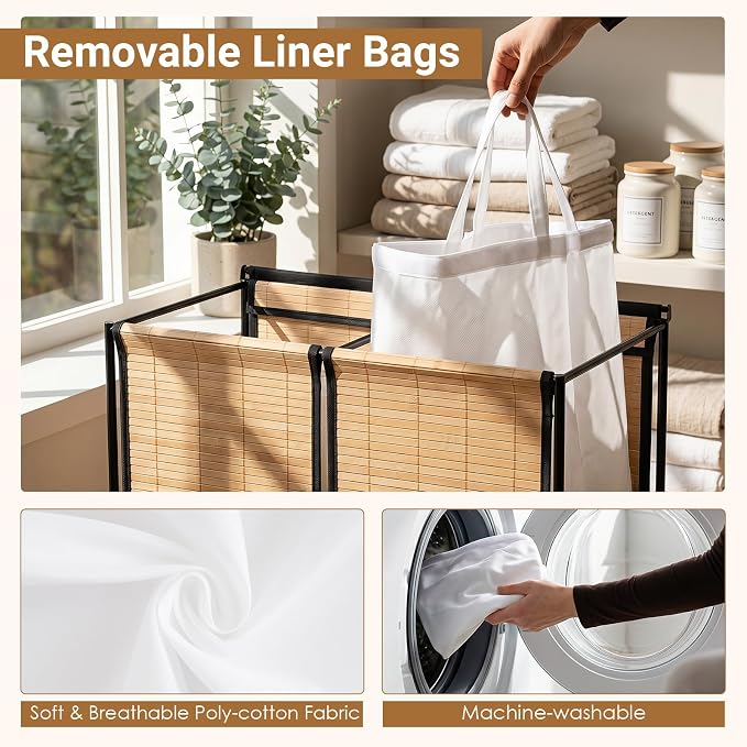 GOFLAME Bamboo Laundry hamper with Lid, 2-Section Rolling Laundry Basket with Removable Liners and Wheels, 70L Large Clothes Laundry Hamper for Bedroom, Bathroom, Laundry Room
