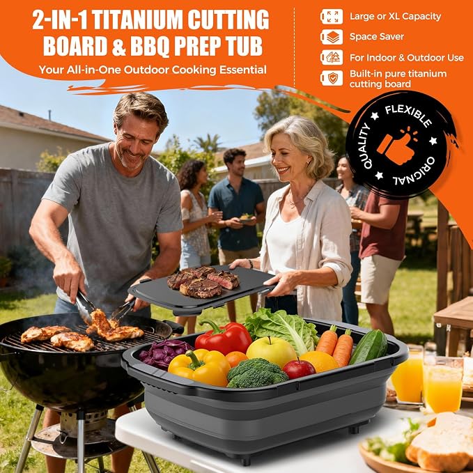 Collapsible BBQ Prep Tub with Titanium Cutting Board, 22L/5.5Gal Food Storage with Locking Lid, Outdoor Seasoning Storage Bin for Camping, Kitchen and BBQ