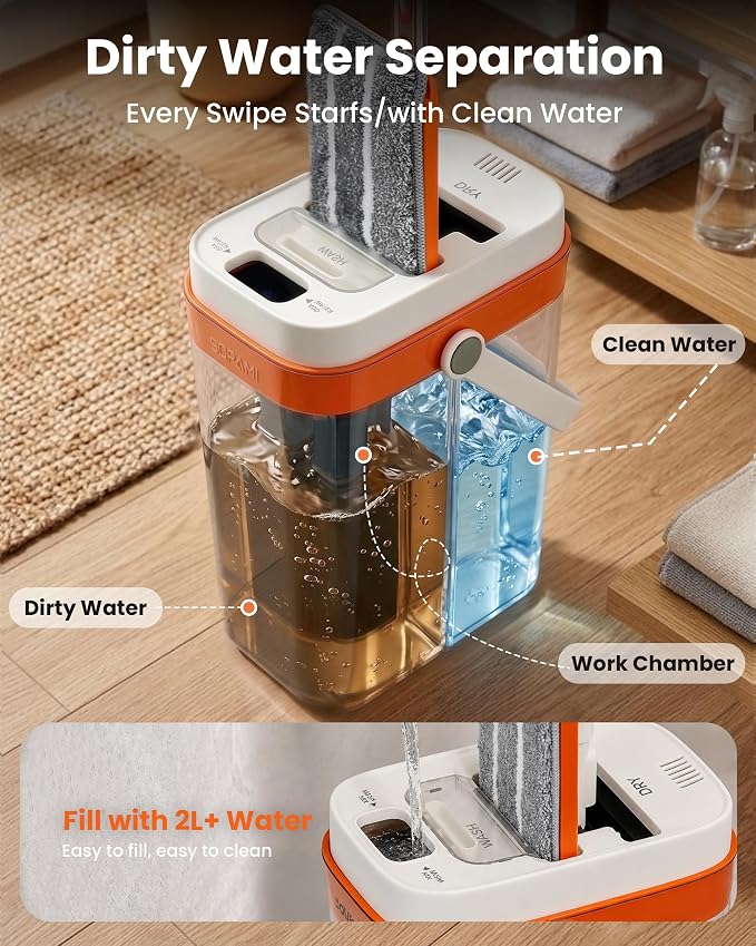 SOPAMI 3-Tank Flat Mop and Bucket System with Wringer | 53.54" Height, 4 Washable Pads. Separates Dirty & Clean Water for Hygienic Cleaning on Hardwood, Tile, Vinyl & Walls.