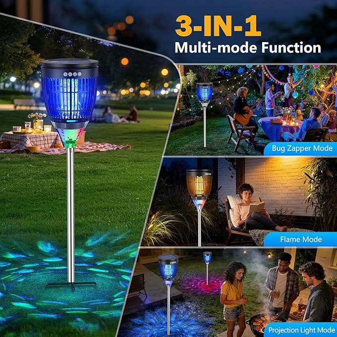 All in 1 Solar Bug Zapper Outdoor, Flame & Projection Mode, Auto/Manual Modes, 4200V Electric Mosquito Killer with High Powered, IPX5 Waterproof Rechargeable Fly Insect Trap for Patio Garden Yard RV