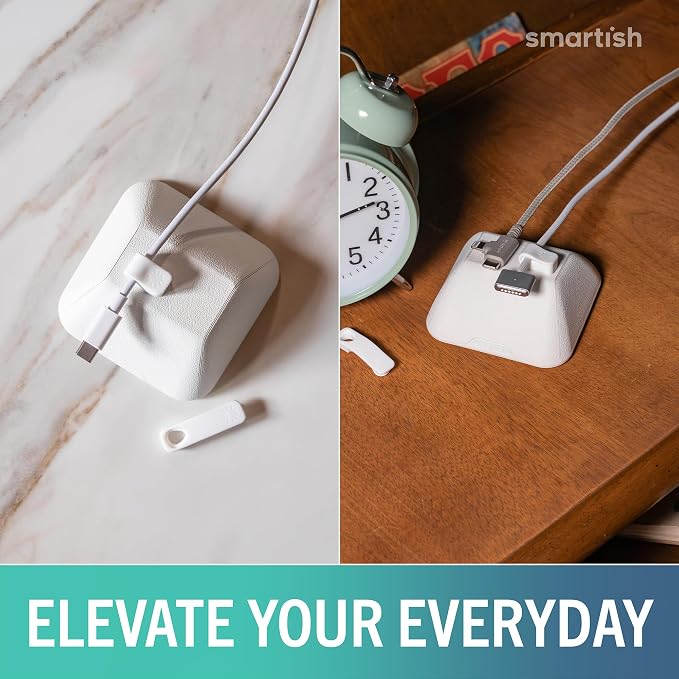 Smartish® Magnetic Cord Holder - Cable Wrangler Organizer with Magnet Clips for Charger Management on Desktop, Nightstand for USB-C + Lightning - Snow Day White