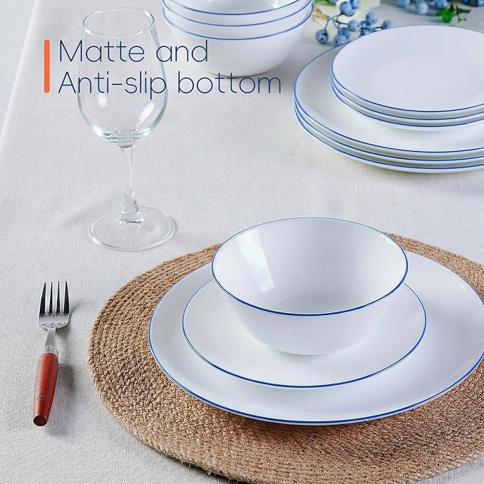 Dinnerware Sets for 4, 12 Piece Navy Blue Rim Opal Glass Set | Plates and bowls with dishwasher and microwave safe design, chip and scratch resistant dishware for stylish dining