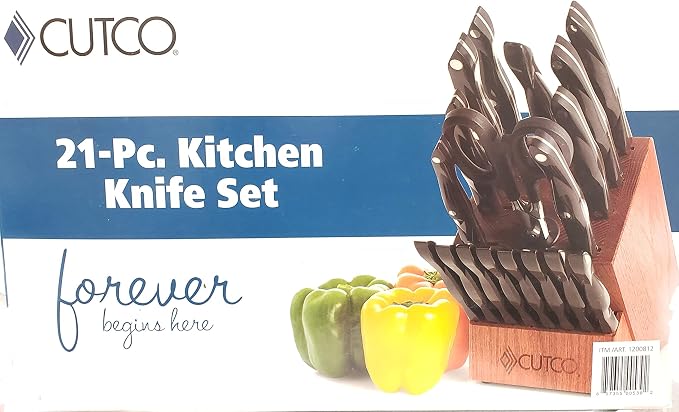 Cutco 21 Piece Kitchen Set with Cherry Finish Oak Block, 8 Table Knives, Paring, Trimmers, Santoku Chopper Chef Knife, Carver, Slicer, Cheese Knife, Turning Fork, Shears, Peeler, Sharpener