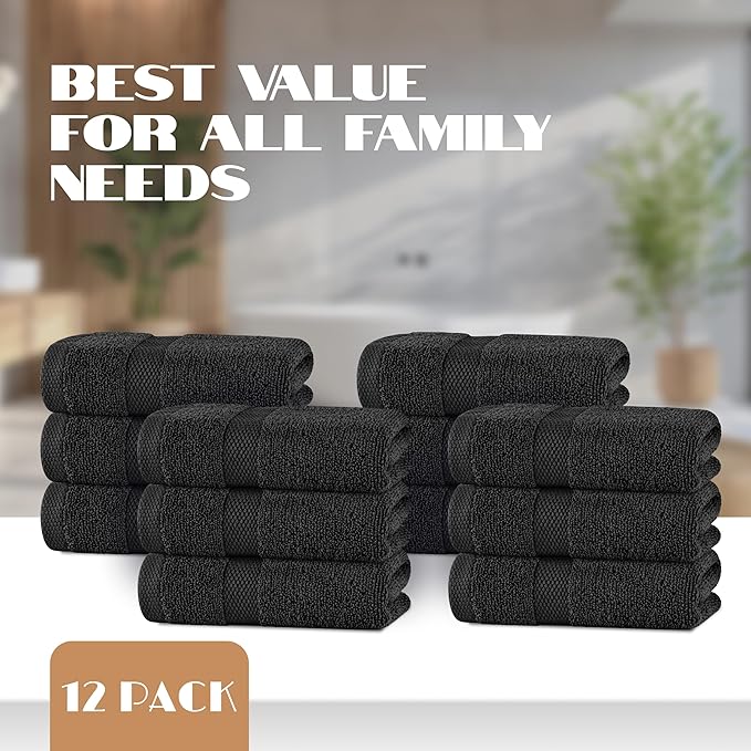 White Classic Black Hand Towels for Bathroom [12 Pack] Cotton Hand Towel Bulk for Gym, Kitchen and Spa, 16x27 Inches Soft Highly Absorbent Quick Dry Terry Salon Towels