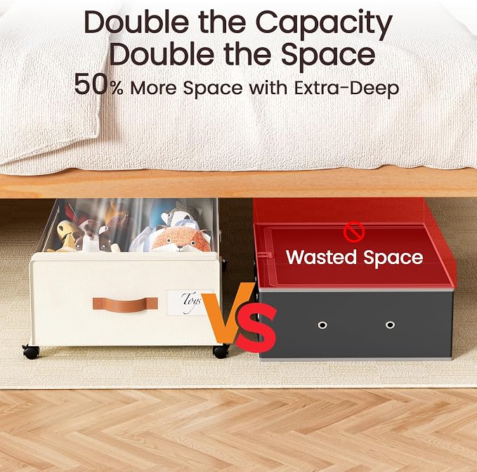 Yecaye 82L Under Bed Storage Containers, Fits 9.4" Under Bed, 2 Pack, Beige | XXL Capacity, 360° Rolling Wheels, Sturdy Metal Frame, Clear Window & Label, Storage Bins for Clothes, Shoes, Blankets