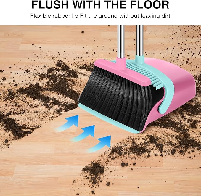 Broom and Dustpan Set, 52-in Long Adjustable Handle Broom Dustpan Combo with Dust pan Teeth to Automatically Clean Hair Suitable for Home Kitchen Office Hall Floor（Pink&Blue）