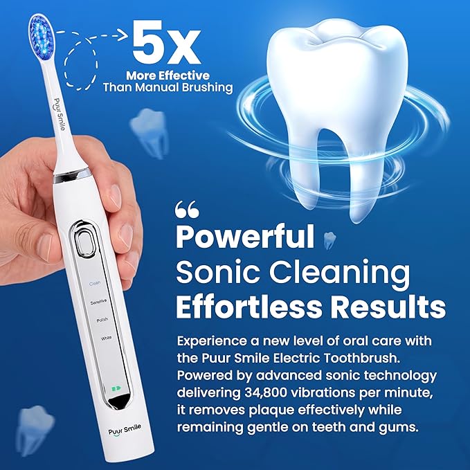 Puur Smile Soft Bristle Electric Toothbrush - 2 (Blue led) Brush Heads for Adults | 4 Cleaning Modes with Smart Timer, IPX7 Waterproof, Long-Lasting Battery & Wireless Charging Base (White)