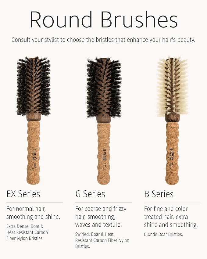 Ibiza Hair Boar Bristle Round Brush (B5-80mm) | Blonde Bristles & Cork Handle | Ideal for Color Treated Tresses | Soft Curls, Big Volume & Large Sections | Adds Shine for Long Styles