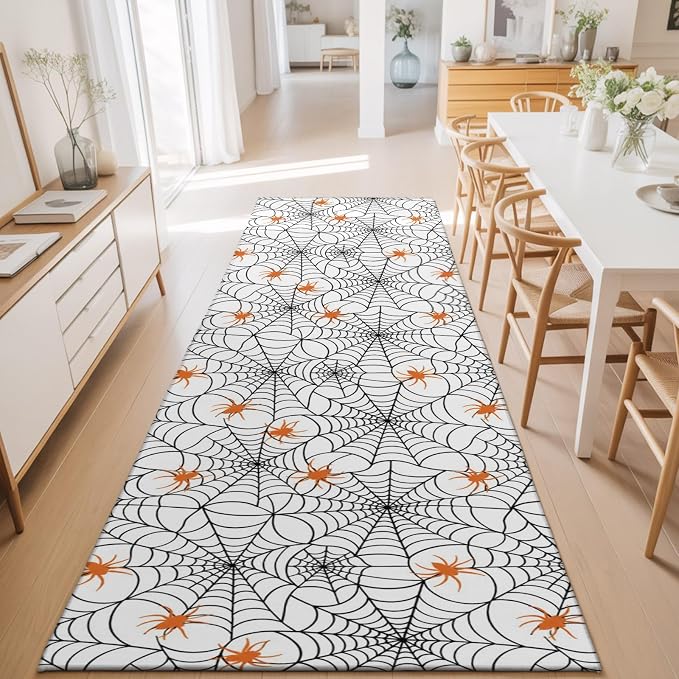 Hallway Runner Rug 2'x6', Halloween Washable Bathroom Area Rugs for Kitchen Bedroom Laundry, Black Net Classic Spiders Gingham Orange Non Slip Door Mat Indoor Entrance Floor Throw Bedsides Carpet