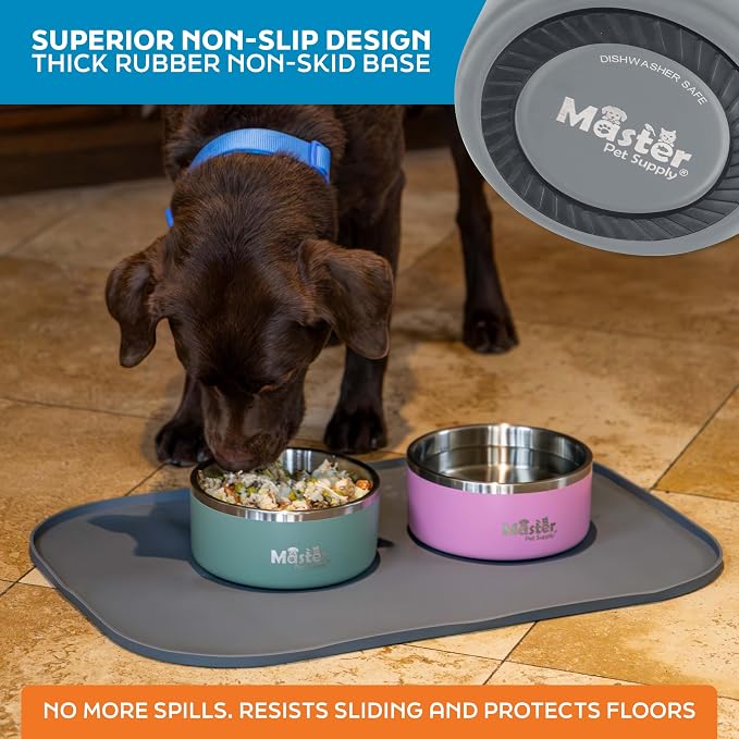 Master Pet Supply Stainless Steel Dog Bowls - 32 oz, Heavy Duty - Graphite, Double Wall Extra-Thick Insulated, Non-Slip Pet Water Bowl for Dogs, Cats & Pets, Anti Rust Metal, Dish Washer Safe