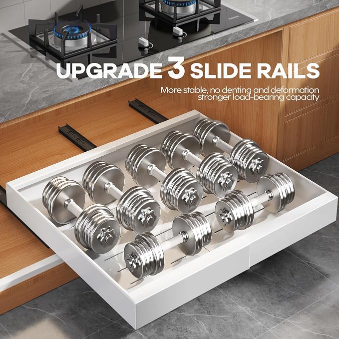 Seinloes 4 Pack Expandable Width (15.15"-26.3") Pull Out Cabinet Organizer 21" Deep with Raising Pad for Framed Cabinets, Upgrade 3 Slide Rails Slide Out Drawers, Roll Out Shelves Adhesive, White