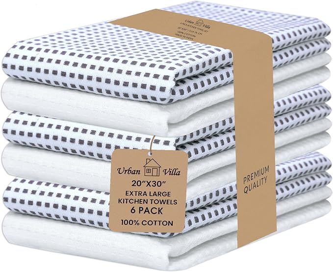 Urban Villa Christmas Dot Check Kitchen Towels Set of 6 20X30 Inches 100% Cotton Highly Absorbent Kitchen Towels Premium Quality Ultra Soft Mitered Corners Towels Grey/White