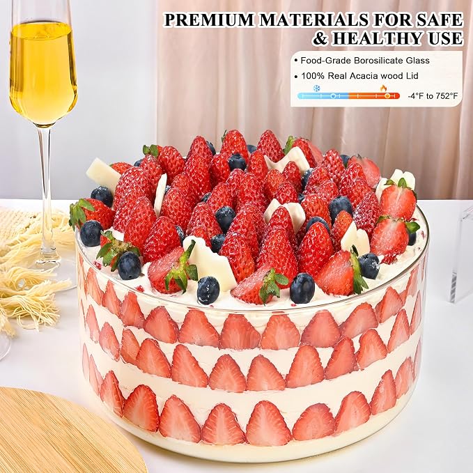 LOVYANXUE Glass Trifle Bowl with Bamboo Lid, 197 oz Large Glass Salad Bowl - Versatile Mixing and Serving Dish for Cake, Salad, Fruit, Baking, Dessert, Meal Prep, Storing, Microwave & Oven Safe