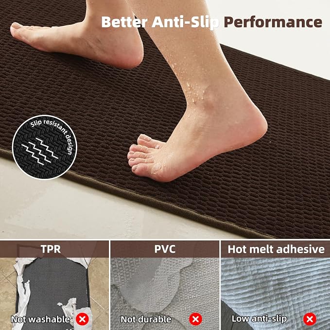 TYUU Bathroom Rugs Non Slip Washable, Super Absorbent Thin Bath Mat Small Quick Dry Low Pile Bathroom Rug, Brown 16"x24"